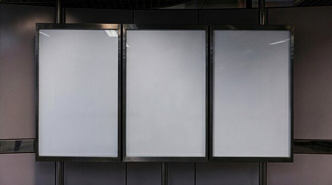 A set of three empty vertical poster mockups displayed in a modern underground subway station corridor. Perfect for showcasing public transit advertising, cinematic triptychs.