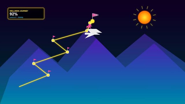 A stylized animation displays a mental wellness progress tracker featuring a character ascending purple mountain peaks toward a sun during a rewarding personal development journey.