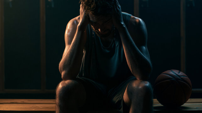 Devastated male basketball player sitting in a dark locker room crying. Concept of sports failure, getting fired from the team, and mental exhaustion