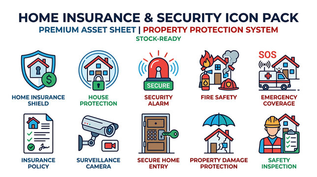 Comprehensive Home Insurance and Security Icon Pack for Property Protection Systems