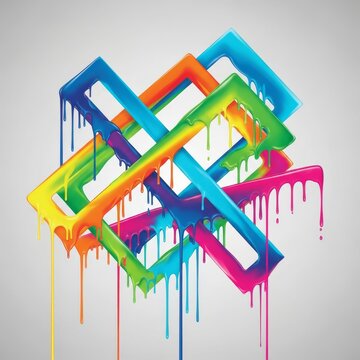 Vibrant contemporary art canvas featuring bold overlapping rectangles and expressive flowing liquid paint drips in a rainbow of neon hues, liquid, composition, energy