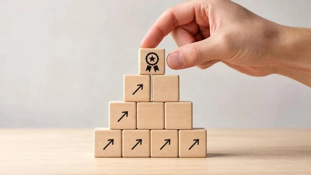 Hand Placing Award Block on Top of Wooden Pyramid for Business Success Concept