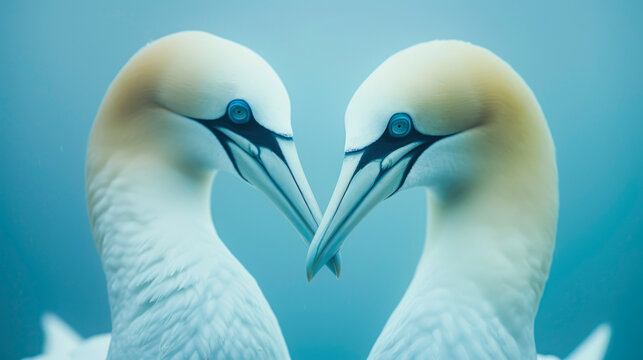 Symmetrical white birds creating heart silhouette with blue eyes on minimal blue backdrop