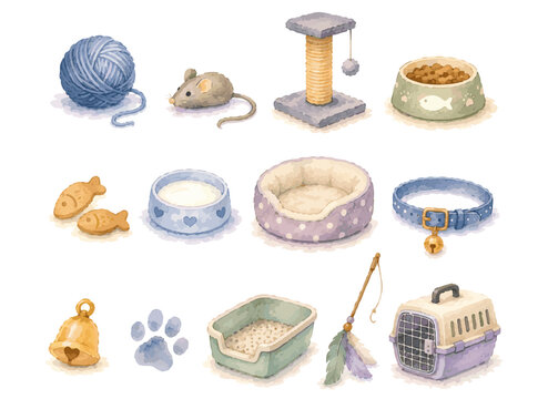 Cute Cat Accessories Watercolor Clipart Collection