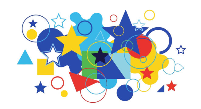 Abstract geometric shapes, stars, circles, triangles, squares, colorful collage