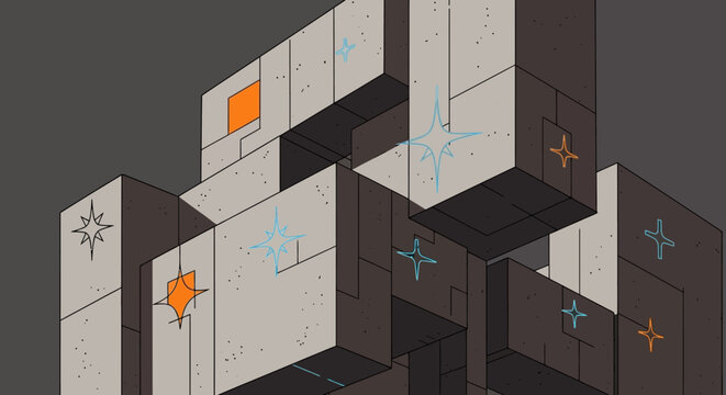 Abstract geometric tower with light star patterns and orange square