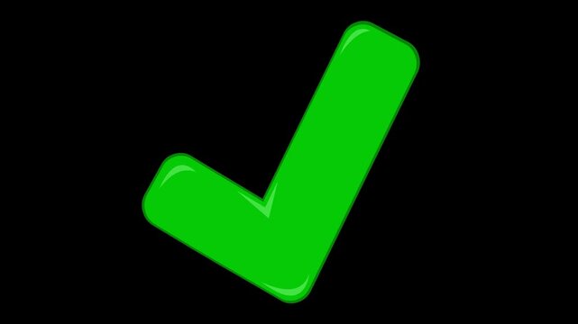 animated green checkmark icon with alpha channel transparency glossy cartoon tick symbol looping on a transparent background for ui elements