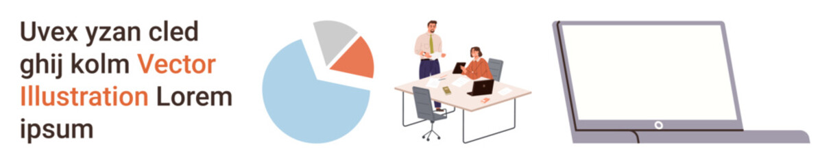 Naklejka na ściany i meble Data analytics, workplace productivity, team collaboration, technology usage, digital workspace, remote work. Pie chart, professionals at desk laptop. Data analytics and workplace productivity