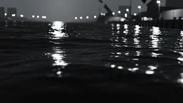 Black and white view of rippling water at night with city lights and distant buildings reflecting in the ripples
