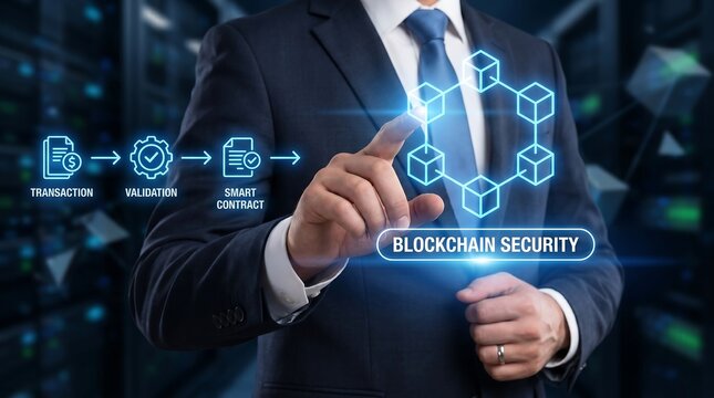 Blockchain Security solutions empowering digital transformation, visualizing smart contract validation and secure financial technology for modern business innovation.