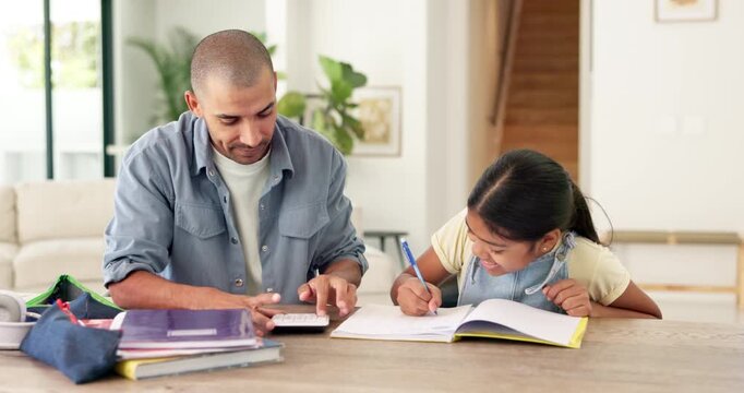 Homework, high five and dad with child with lesson for maths, learning and help with activity. Family, development and father with happy girl for correct answer, calculator and notebook for education