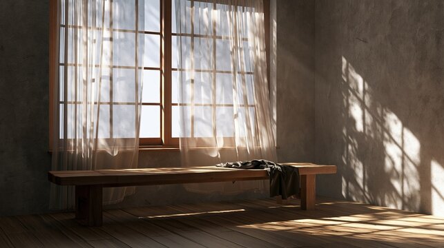 Focused view of diffused daylight filtering through translucent curtains casting intricate shadow patterns on a textured plaster surface highlighting a solitary bench in a calm