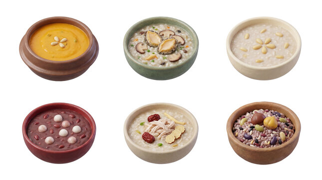 Set of Traditional Korean Porridges and Multi-grain Rice: Hobak-juk, Jeonbok-juk, Jat-juk, Patjuk, Dak-juk, and Ogok-bap