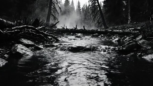 Black and white view of a dark, fast flowing river winding through an eerie forest with fog