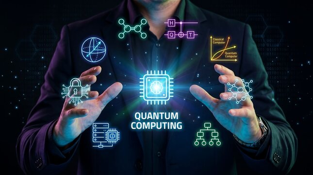 Quantum Computing technology concept with human hands, envisioning future AI innovation, advanced cybersecurity, and digital transformation for business solutions.