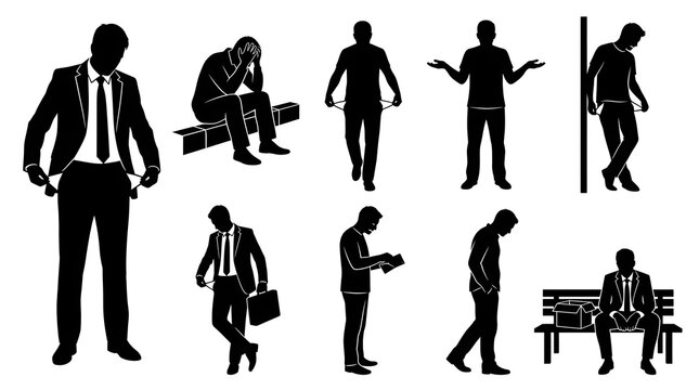 Silhouettes of business professionals and individuals in various poses showing financial stress and empty pockets against plain background. Generative AI illustration