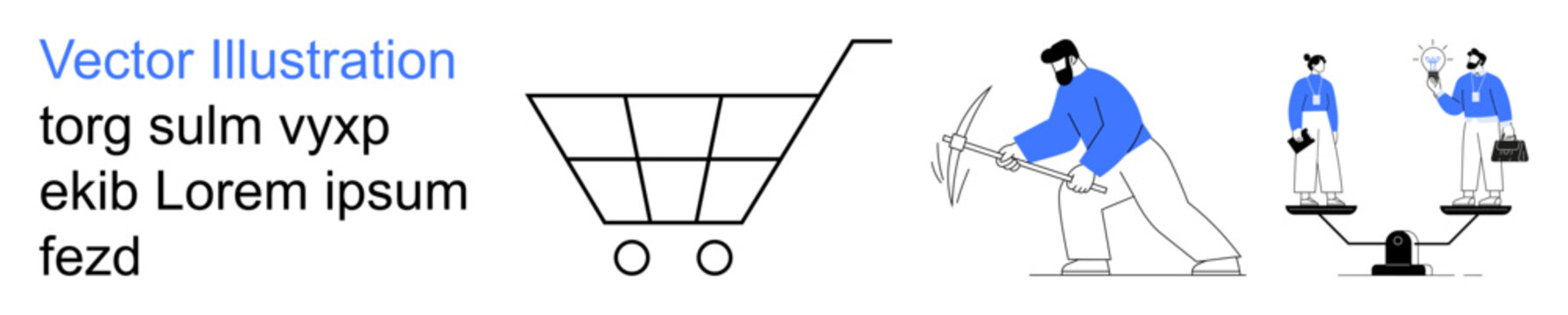Online shopping, mining industry, business dynamics, economic growth, financial balance, trade concepts. Shopping cart, person mining business scale. Online shopping and mining industry concept