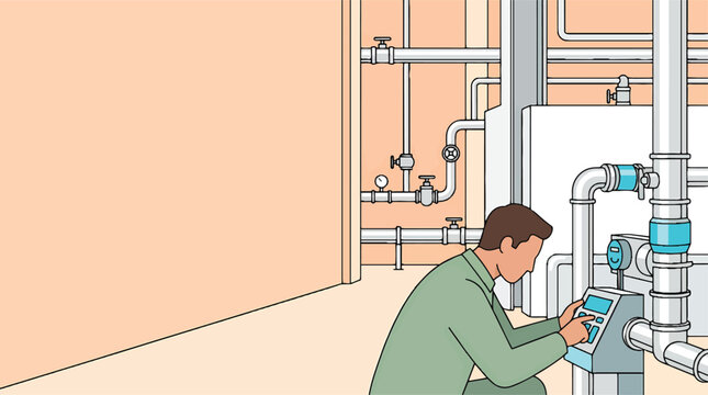 Technician inspecting industrial pipes and gauges in a utility room.