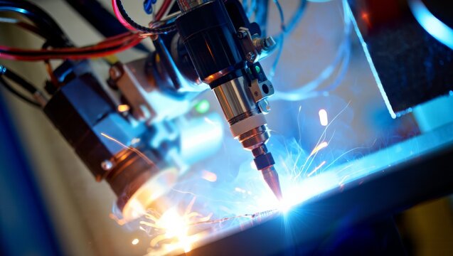Extreme close-up of a robotic welding nozzle with cables and sensors producing a blue arc plasma with flying sparks on a steel surface in a blue-lit automated manufacturing environment.