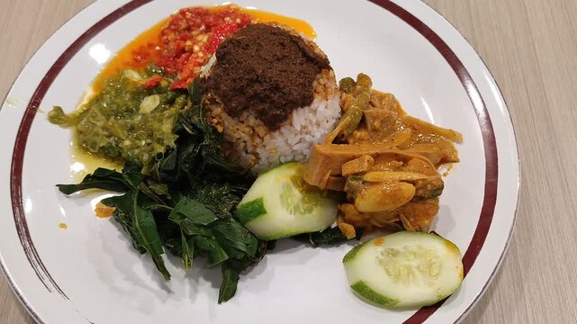 Indonesian Nasi Padang Traditional Rice with Beef Rendang Gravy and Curry