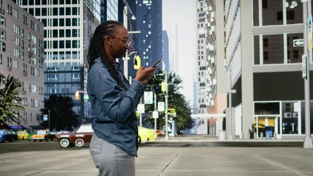 Using navigation app on smartphone, black woman walking around the city. Girl strolling and exploring metropolitan downtown area with tall buildings on city streets, following map route.