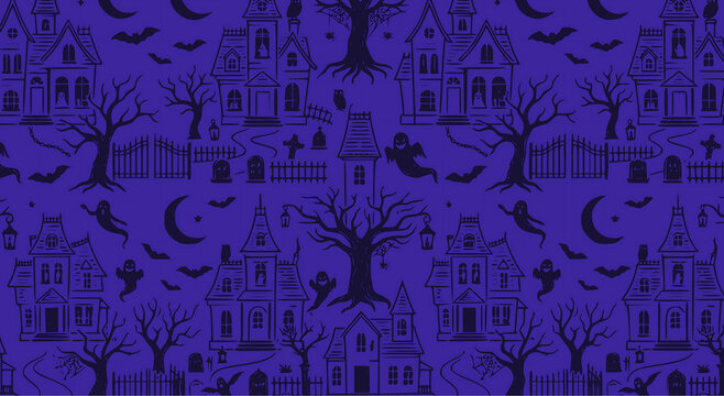Halloween background, Spooky Halloween haunted house and ghost seamless pattern