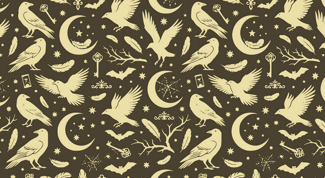 Halloween background, Gothic raven and crescent moon seamless pattern background