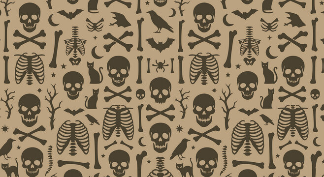 Halloween background, Gothic skull and crossbones skeleton seamless pattern