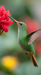 Fototapeta premium Macro shot of hummingbird with beak touching bright tropical flower in vibrant nature scene