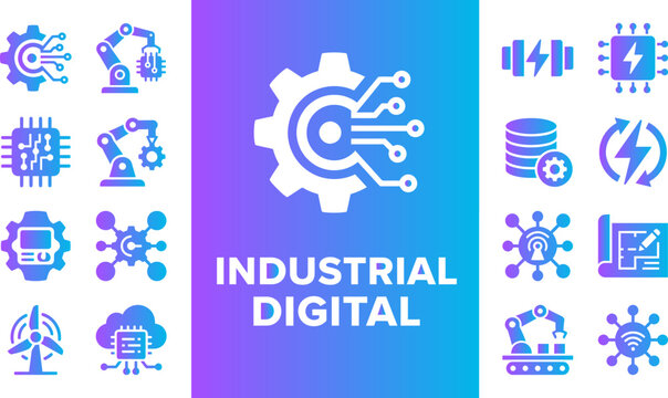 Industrial digital icons for smart factory automation robotics technology connectivity and engineering production.