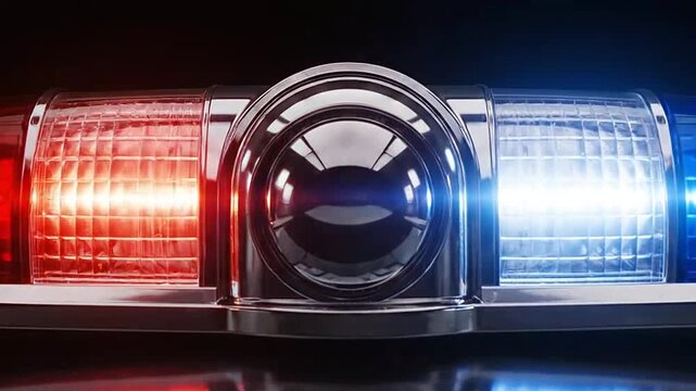 A bright emergency light bar flashes red and blue against a dark background