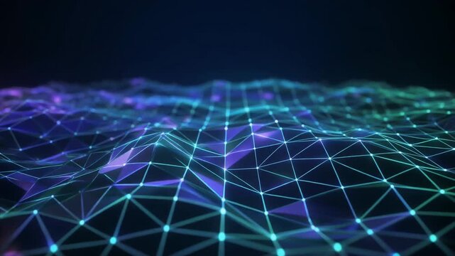 Abstract low polygon digital landscape video with glowing neon mesh.