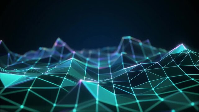 Green digital wireframe landscape video with glowing lines and corner dots.