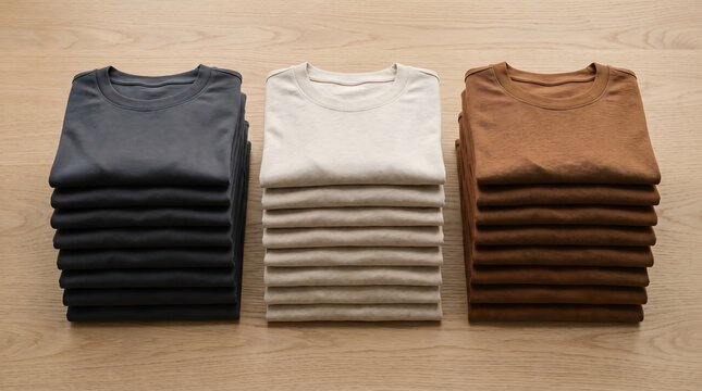 Stacks of folded blank t-shirts in neutral colors on wooden surface