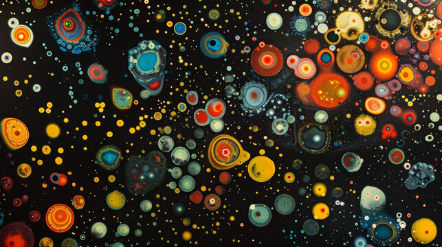 A dark background is dotted with tiny pools of ferrofluid each one a different color and shape as they together and spread out creating a colorful and dynamic mosaic.