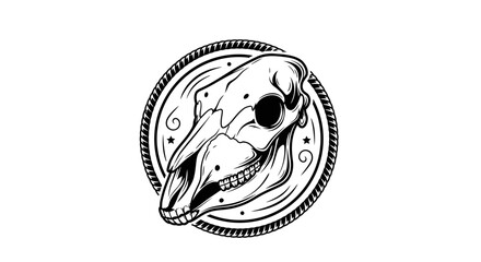 Detailed illustration of a horse skull in a circular frame. © Awaludin