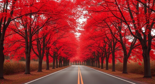 Vibrant crimson maple trees line a quiet road, their brilliant scarlet leaves creating a warm canopy over a serene, empty asphalt path, morning, background, park