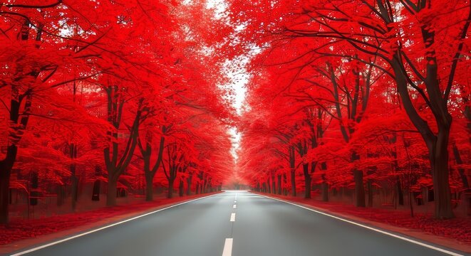 Vibrant crimson maple trees line a quiet road, their brilliant scarlet leaves creating a warm canopy over a serene, empty asphalt path, beauty, vibrant, background