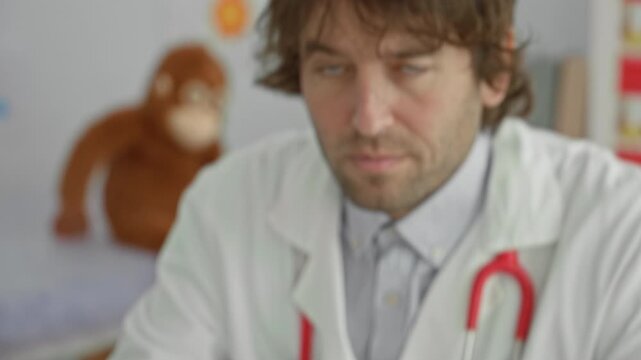 Man doctor in whitecoat with stethoscope holding and typing on a smartphone while smiling in a pediatric medical building; reassuring care.