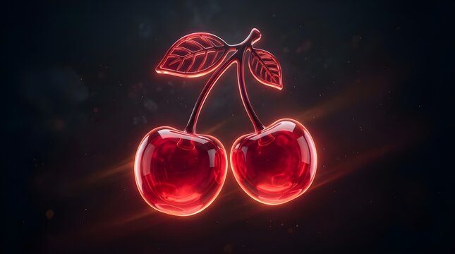 Glowing red glass cherry icon on dark background, neon fruit symbol with light trails, glossy 3d cherry illustration for casino and nightlife design