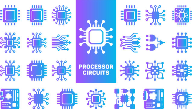 Set of processor circuit icons with gradient fill and futuristic digital connection theme.