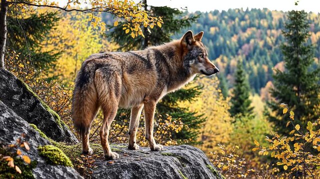 Majestic wolf standing on a rocky outcrop surrounded by vibrant autumn foliage in a dense forest landscape