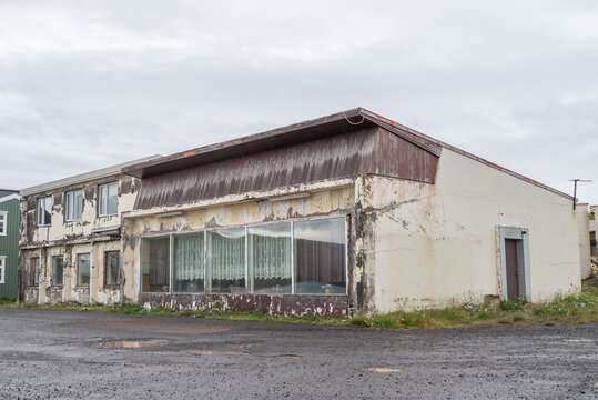 Old damaged building in town of Bordeyri in Iceland