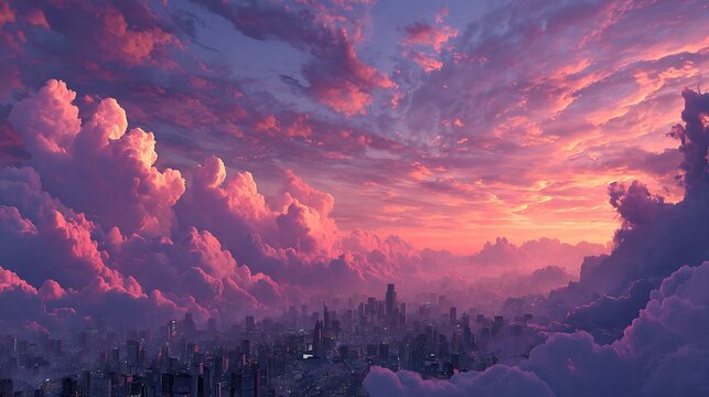 Vibrant pink and purple clouds at sunset over a sprawling cityscape. aerial view. atmospheric. dra