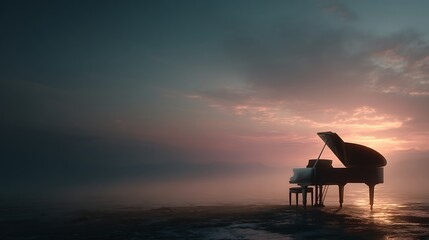 Obraz premium Elegant grand piano sits on serene water surface during dramatic sunset with pink and orange cloud