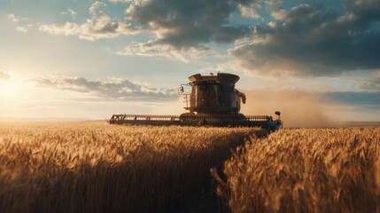 Fototapeta premium A large agricultural combine harvester working in a golden wheat field under a dramatic sky at sunset.