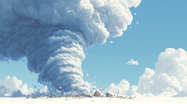 Dramatic swirling cloud formation engulfs small houses in a snowy landscape. concept art style