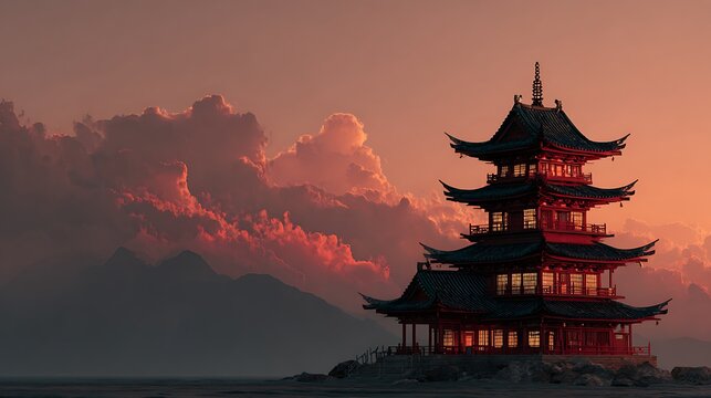 Traditional multi tiered East Asian pagoda structure on a rocky shore at sunset with dramatic clou