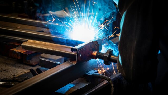 Welder working with a red clamp tool on steel rail sections, producing a brilliant blue-white arc flash with flying orange sparks. Dark industrial workshop setting with dramatic arc lighting.