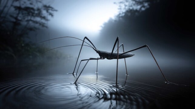 A water strider insect gracefully glides across rippling water surface in a misty, natural environment with reflections.